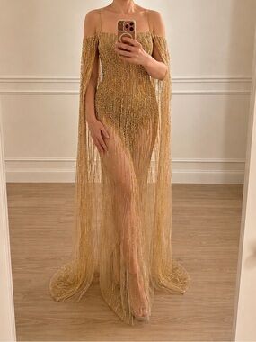 NWT, Jovani 26324A, SZ 0, Gold Beaded Sheer Cape Evening Gown